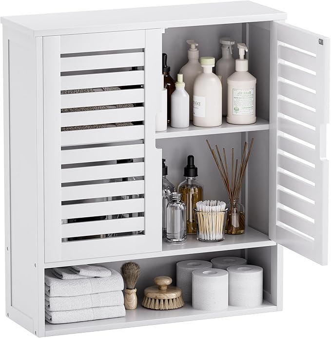 SMIBUY Bathroom Cabinet Wall Mounted, Bamboo Over-The-Toilet Storage Organizer, Space Saver Medicine Cabinet with 2 Door and Adjustable Shelves (White)