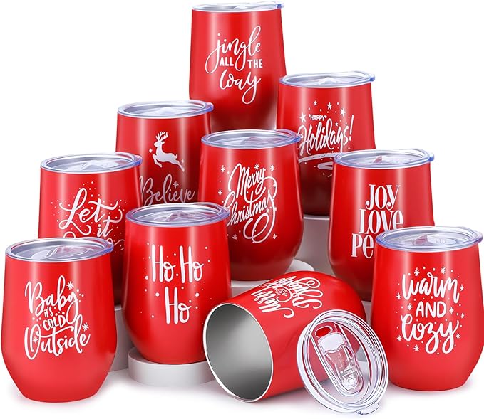 Uiifan 20 Pack Christmas Tumblers Gifts 12 Oz Xmas Funny Tumbler Christmas Stainless Steel Coffee Mugs Set Xmas Insulated Travel Cup with Straw Lid for Family Xmased Holiday Gift (Red)