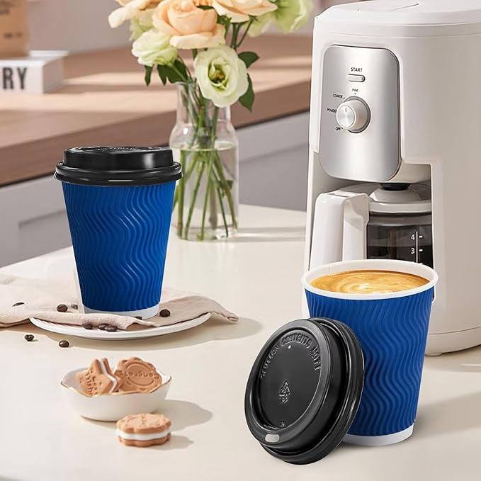 100 Pack Coffee Cups with Lids 16 oz, Disposable Insulated Ripple Wall To Go Paper Coffee Cups for Hot/Cold Drinks Office Home Shop Event (Navy)
