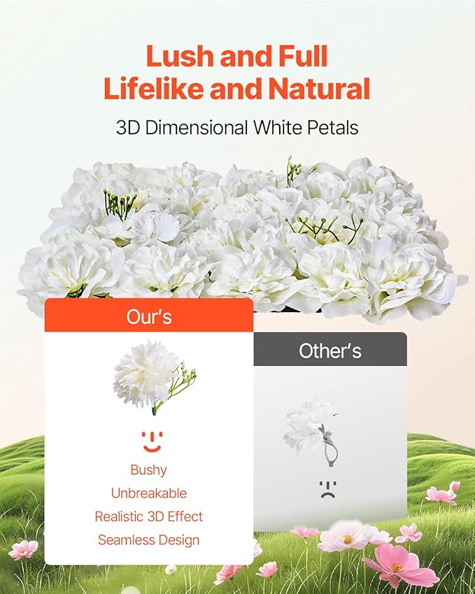VEVOR 3D Flower Wall Panel, 24 PCS 15 x 15 inch, Artificial Floral Wall Background Mesh Backing Mat,Seamless Design&Easy Installation for Wedding Valentines Day Home Baby Party Backdrop Decor,White