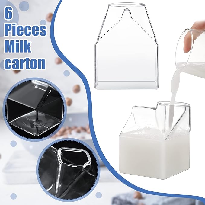6 Pieces Clear Milk Carton Reusable Glass Container with 6 Stainless Steel Straws 12 oz Glass Milk Bottle Mini Creamer Pitcher Milk Carton Cup Hand Blown Box for Cocktail Juice Coffee Hot Water Coffee
