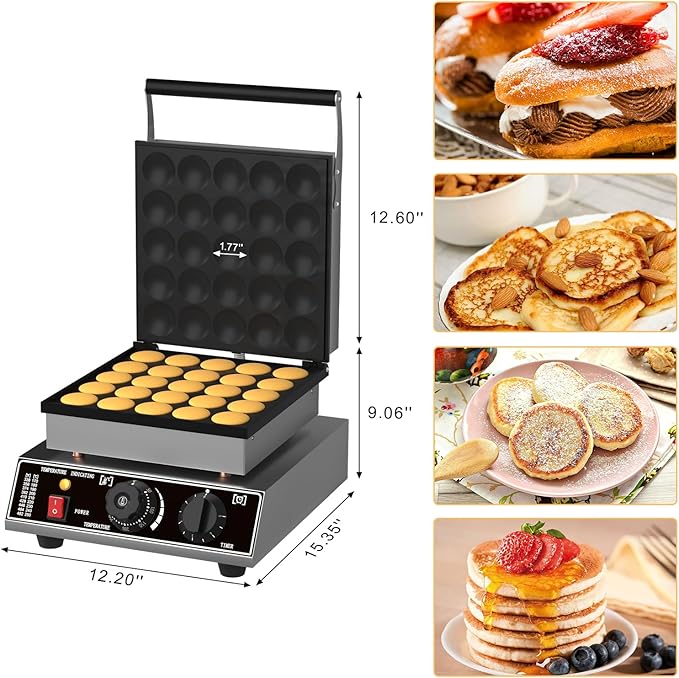 Commercial 25 PCS Mini Dutch Pancake Maker, 1750W Electric Mini Pancakes Maker Machine with Temp & Time Control, Non-Stick Surface, Stainless Steel, for Home Kitchen Bakery Snack Bar