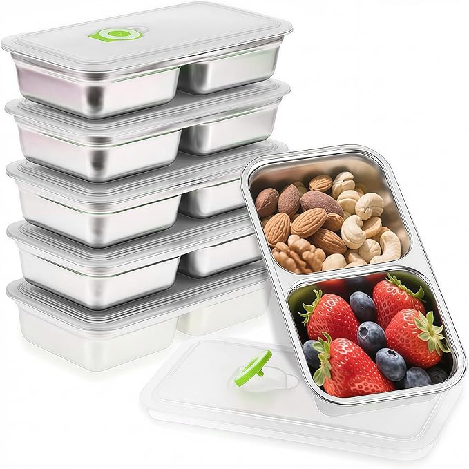 Stainless Steel Snack Containers, 6-Pack Reusable Grab and Go Containers with Lids, Dual Compartment Bento Box for Travel, Camping & Lunch Prep (Green)