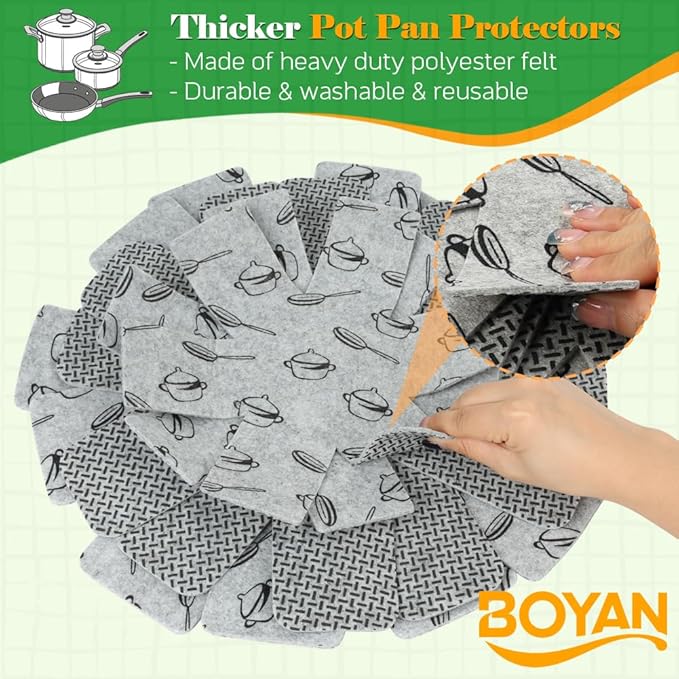 BOYAN Thicker Pot and Pan Protectors, Felt Pot Protectors for Stacking, Set of 6 & 3 Different Sizes, Pan Separators for Stacking Cookware Skillet Ceramic Saucepan Glassware