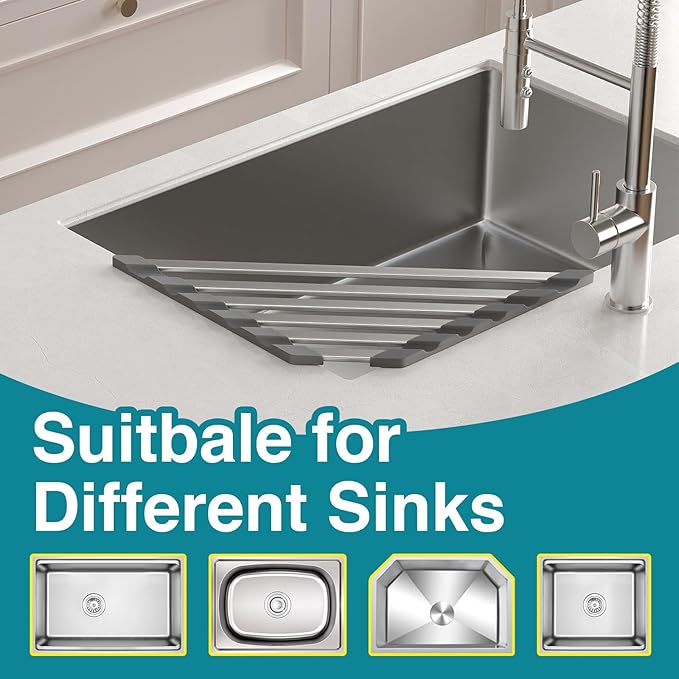 COOL-ANGLE Corner Sink Drying Rack, 16"x9.5" Rust-Proof Aluminum Triangular Dish Drainer, Heat Resistant Roll Up Mat for Kitchen Counter, Sponge Holder & Organizer with Non-Slip Silicone Base, Gray