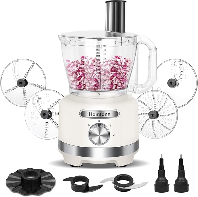 Homtone 16-Cup Food Processor, Heavy-Duty 9-Function Vegtable Chopper with 7 Blades & 3 Speeds for Dough Kneading, Meat Chopping, Slicing, Shredding & French Fry Cutting, Dishwasher Safe, White