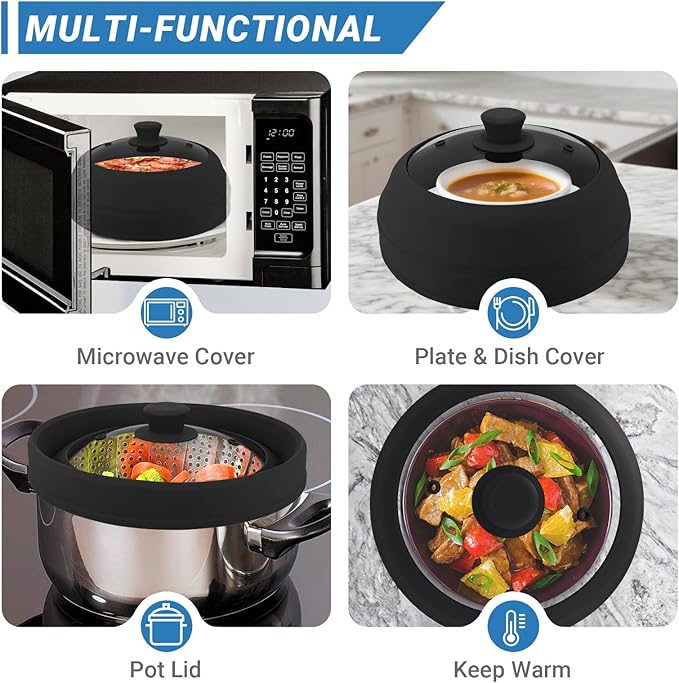 Microwave Splatter Cover Glass,10.5 Inch Collapsible Microwave Cover for Food Glass, Silicone Vented Splatter Guard Lid, Silicone Dish Plate Cover, Dishwasher Safe, Heat Resistant, BPA-Free, Black