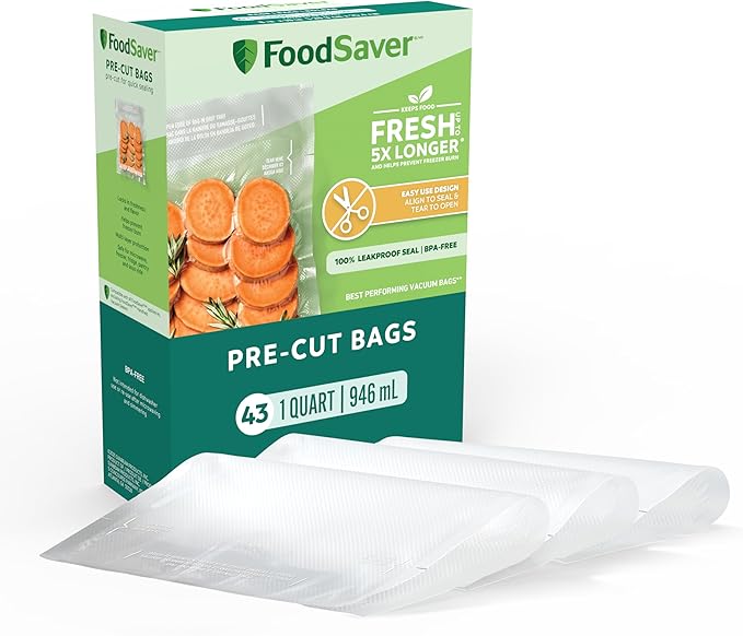 FoodSaver Quart Pre-Cut Vacuum Seal Bags, Easy Use Vacuum Storage Bags, Align to Seal and Tear to Open Vacuum Sealer Storage Bags, 43 Pack