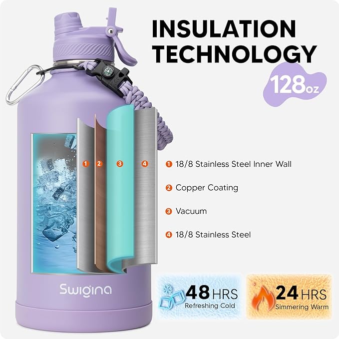 Swigina [2-IN-1 LID] Gallon Insulated Water Bottle with Silicone Boot (48hrs Cold/24hrs Hot) - DIY Stickers, Leakproof, BPA Free, 128 oz