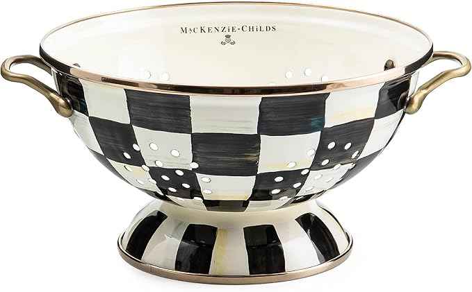 MACKENZIE-CHILDS Enamel Colander, Decorative Kitchen Strainer, Large, Black-and-White Courtly Check