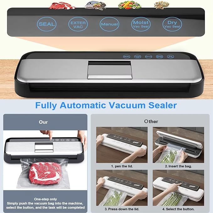 85KPa Vacuum Sealer Machine, One-Touch Automatic Food Sealer with 15 Bags, Dry/Moist/Seal/Manual/External Vac, 7MM Heating wire, Compact Easy-Clean for Food Storage and Sous Vide