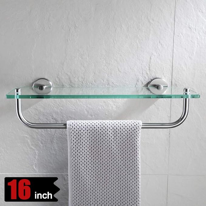 JQK Bathroom Glass Shelf, Shelf with 15 Inch Towel Bar Tempered Glass Shower Storage 16 by 5 inches, 304 Stainless Steel Brushed Finish Wall Mount, TGS100-BN