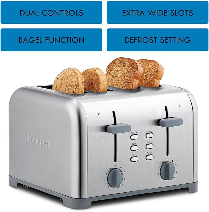 Kenmore 40605 4-Slice Toaster with Dual Controls in Stainless Steel