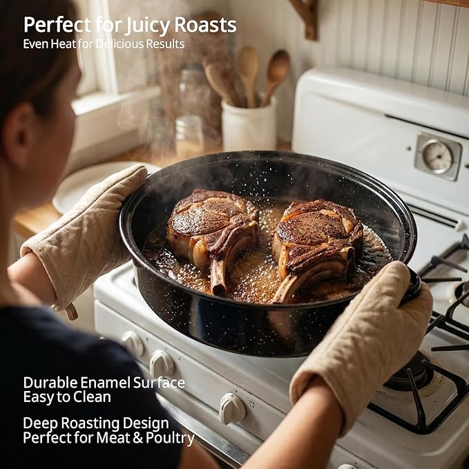 Enamel Roasting Pan With Lid and Rack 13" 18"Granite Roaster Pans Set With Rack Suitable Cooking Poultry Baking Turkey Bread Beef High Temperature Resistance,Dishwasher Safe,Holiday Gifts CookWare
