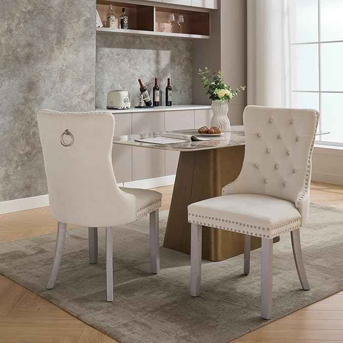 Velvet Dining Chairs Set of 2, Kitchen & Dining Room Chairs, Upholstered Dining Chairs with Back Ring Pull and Silver Solid Wood Legs, Modern Tufted Kitchen Chairs for Dining Room, Cream
