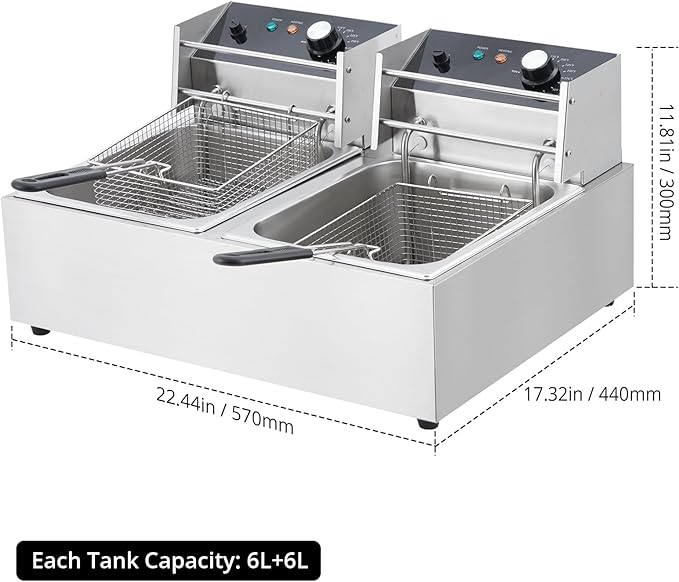 Commercial Electric Deep Fryer, 6L x 2 Dual Tank Stainless Steel Deep Fryer with Frying Basket & Lid, Countertop Fryer for Home Kitchen and Restaurant, 3600W, 110V