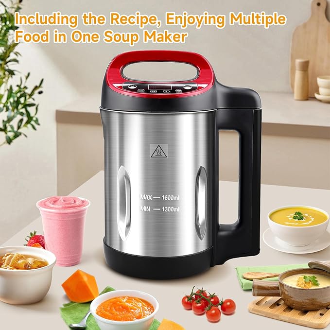 Homtone 1.6L Soup Maker Machine, Stainless Steel Soup Maker Blender with Smooth & Chunky Settings, Anti-Dry Burn, Overfill Sensors, Ideal for Quick Soups, Baby Food