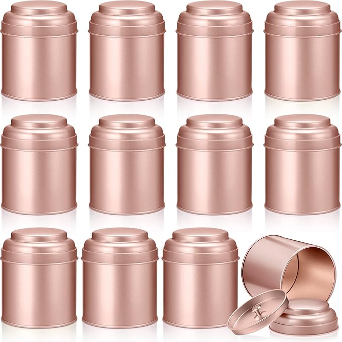 Meanplan 12 Pcs Tea Tin Canister with Airtight Double Lids Round Tin Can Box Small Kitchen Tea Canister Loose Leaf Storage Containers for Loose Bags Coffee Sugar Candy Spices(Rose Gold,8 oz)