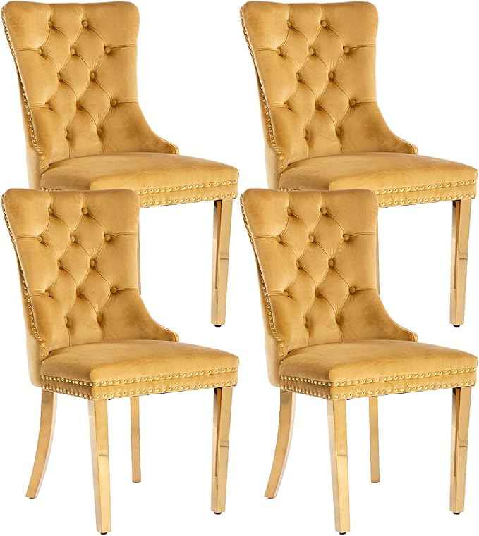 Gold Velvet Dining Chairs Set of 4, Kitchen & Dining Room Chairs, Tufted Upholstered Dining Room Chair, Back Ring Pull Trim, Golden Stainless Steel Legs, Gold