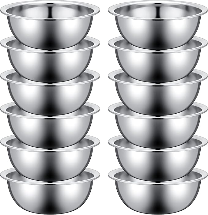 Pinkunn 12 Pcs Stainless Steel Mixing Bowls, Nesting Metal Salad Prep Bowls Bulk Reusable Baking Food Container Large Medium Small for Kitchen Hotel Restaurant Cooking, Silver (8.66 x 3 Inch)
