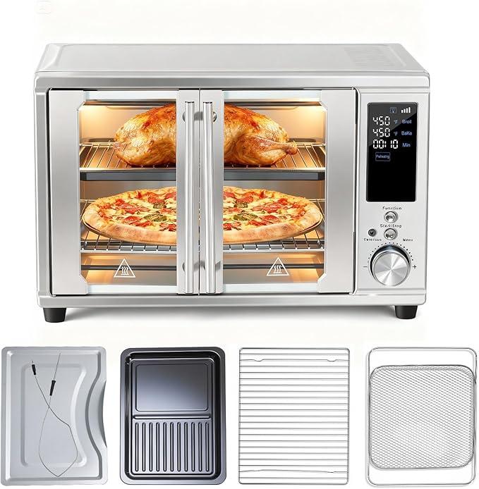 NEWBULIG 30QT Smart Air Fryer Toaster Oven Combo, 13-in-1 Double-Door Airfryer Oven, 0-450°F Temperature Control, 0-250°F Probe Control, Rotisserie & Mesh Basket, Professional Home Cooking