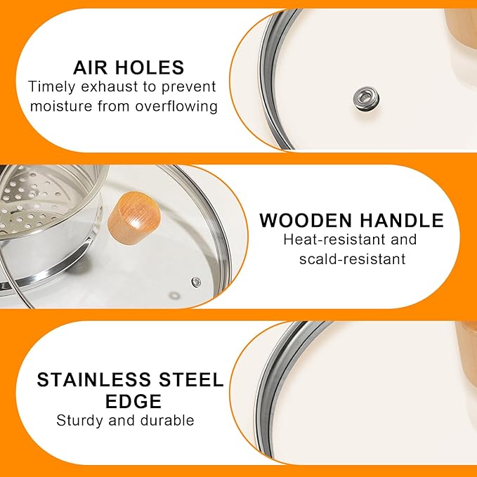 8 Inch Pan Lid with Wooden Handle, Tempered Glass Lid, Cast Iron Skillet, Pot, and Replacement Pan Cover, Clear Frying Pan Lid Fits Pots, Pans and Skillets, Dishwasher Safe