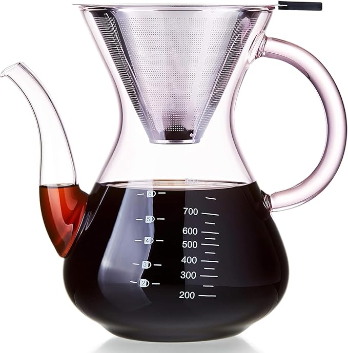 Unbreakable - Pour Over Coffee Maker with Double Stainless Filter 27 fl oz, Thickened Heat-Resistant Borosilicate Glass Pour Over Coffee Dripper, Stovetop Safe