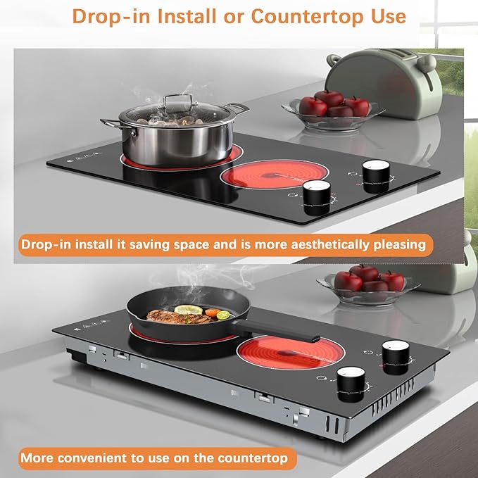 Karinear 110V Electric Cooktop 2 Burners Electric Stove 12 Inch Knob Control Countertop & Built-in Ceramic Cooktop, 9 Heating Level, Hot Warning, Over-Temperature Protection(White Knob)