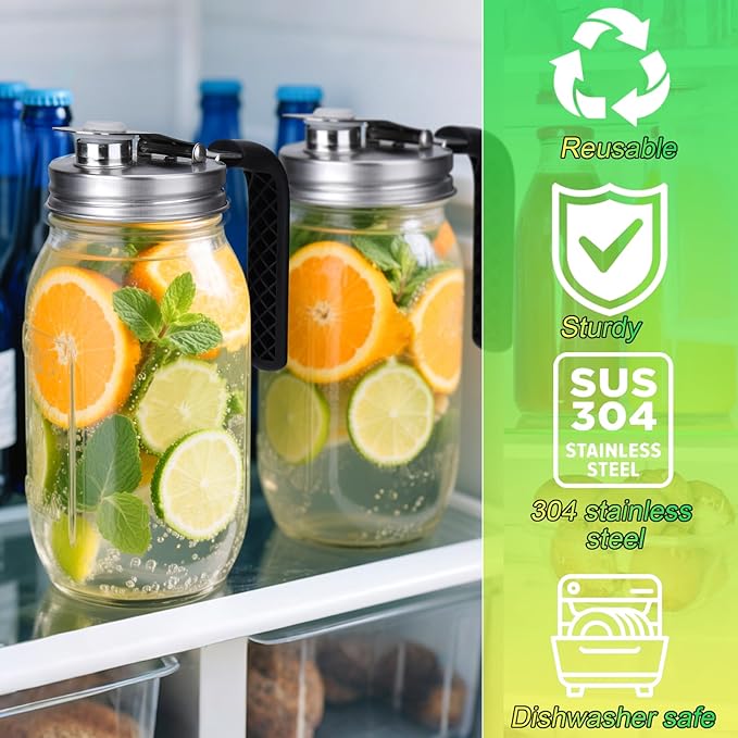 Mason Jar Pour Spout Lid Stainless Steel with Handle, Regular Mouth Pour Spout Flip Cap Lids for Mason Jars, Anticracking Leak Proof Seal Cover Airtight for Drinking Salad Dressing Food Storing(2PCS)