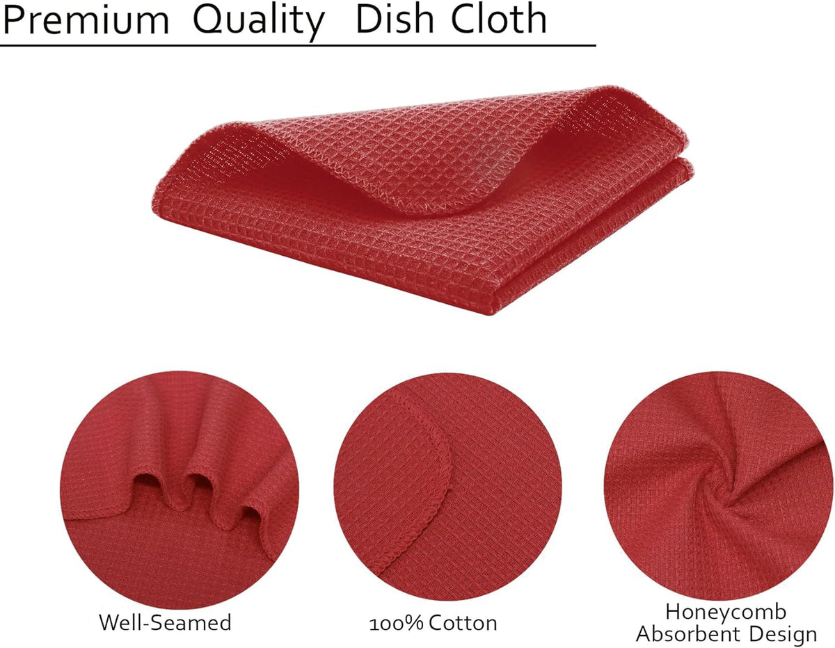 PurpleEssences Dish Cloths and Dish Rags - 8 Pack Waffle Weave Solid Kitchen Dish Wash Cloths, 100% Cotton, 12 x 12 Inches, Ultra Soft Absorbent Quick Drying - Red