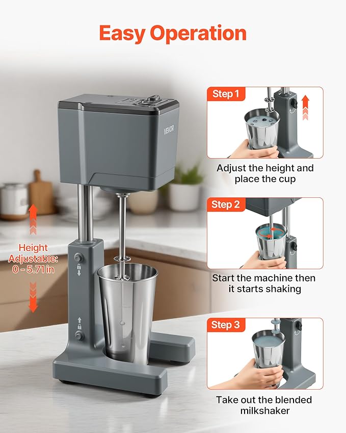 VEVOR Milkshake Maker, 150W Single Head Milkshaking Machine, Height Ajustable, Dual-Speed Adjustment Drink Mixer Blender with 820ml Stainless Steel Cup, for Home, Kitchen, Bar & Beverage Shop