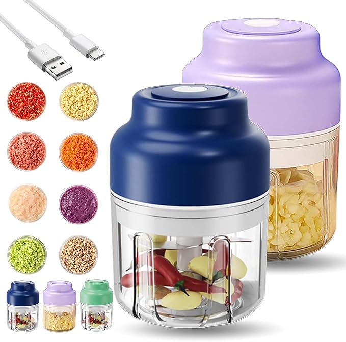 Electric Garlic Chopper, Mini Portable Veggie Cutter with 4/6 Stainless Steel Blades, Portable Wireless Rechargeable Mini Electric Garlic Food Chopper for Garlic, Onion, Chili, Nuts (2PCS-C,250ML)