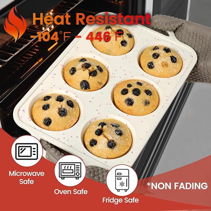 CAKETIME Large Muffin Pan, Metal Reinforced Frame 3.5 Inch Jumbo Silicone Muffin Pan Nonstick 6 Cups for Baking Jumbo Muffin, Frittatas, Jumbo Cupcakes 2 Pack Confetti
