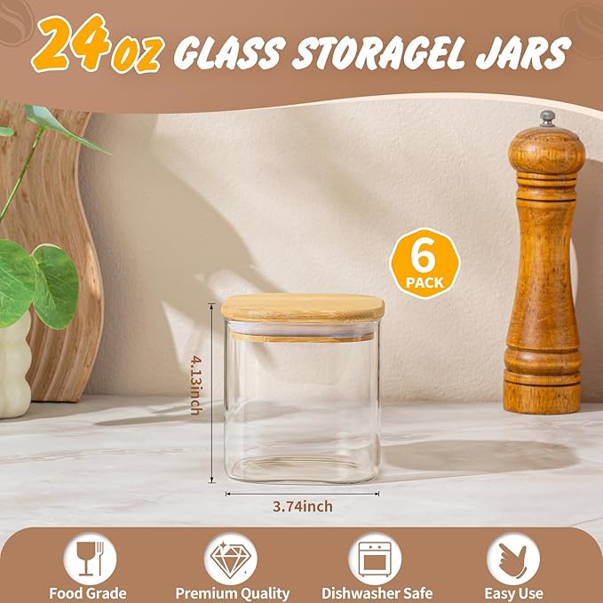 SENTVEND 24 Oz Glass Storage Jars with Bamboo Lids - 6 Pack Clear Glass Canisters Square Airtight Stackable Ideal for Pantry Storage Containers Organizers Great for Storing Oats Coffee Beans Nuts etc