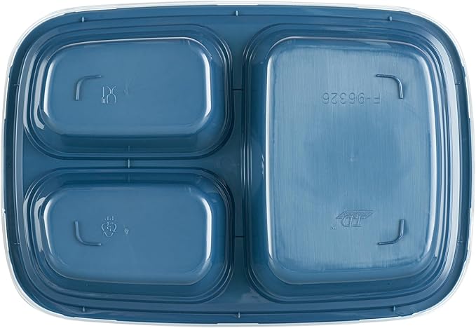 Asporto 26 Ounce Compartment Take Out Boxes, 100 Microwavable Meal Prep Containers - 3 Compartments, With Clear Plastic Lids, Midnight Blue Plastic Food Containers, Do Not Contain BPA - Restaurantware
