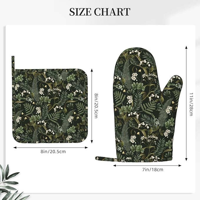 Botanical Oven Mitts and Pot Holders Sets Silicone White Flowers Berries and Leaves Kitchen Oven Mitts Hot Pads Heat Resistant Potholders Kitchen Mitts Set for Baking BBQ Cooking