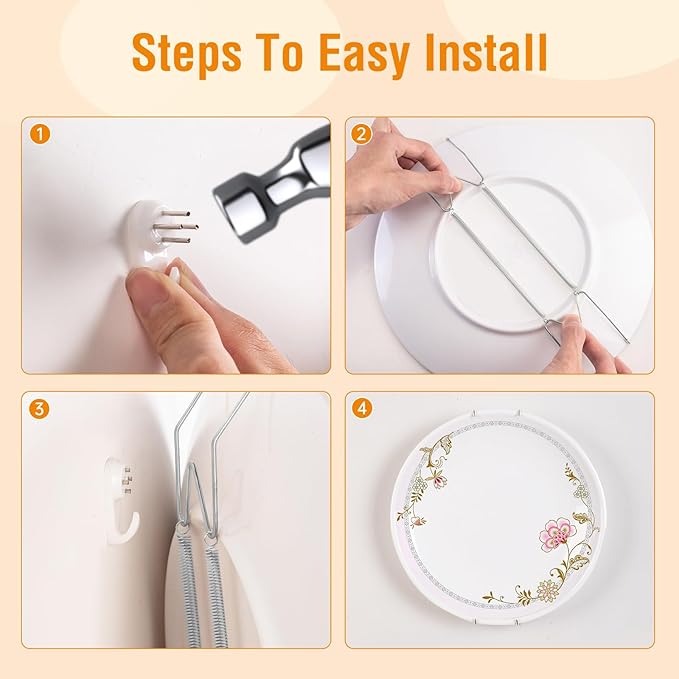 Plate Hangers for The Wall, Suitable for 10-14 inch Decorative Plate, Stainless Steel Wire Plate Holder with Wall Hooks and Rubber tip Protectors, Plate Hangers for Displaying Plates, Platter, Silver