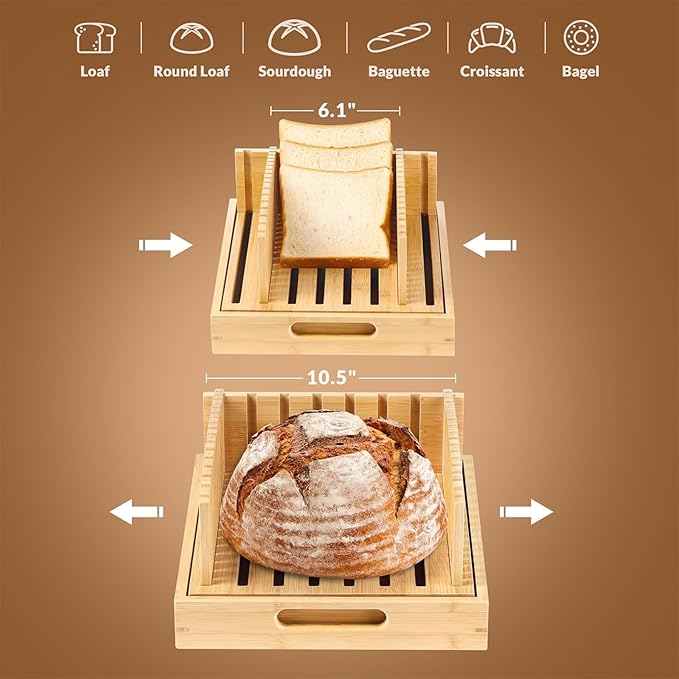 Bread Slicer For Homemade Bread, Adjustable Bamboo Bread Cutter Board, Foldable Slicing Guide With Crumb Tray, 3 Width Settings, 2 Slice Thicknesses, Artisan Loaves, Bagels, Cakes