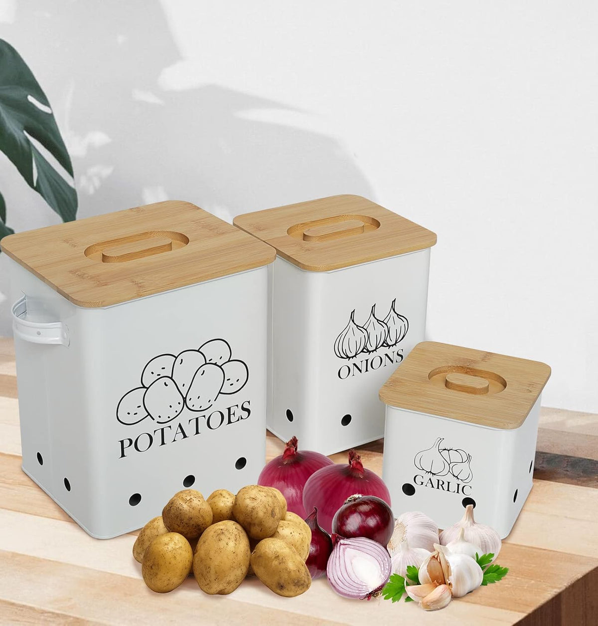 Kitchen Canisters Set, Storage Bin for Potato Onion & Garlic, 3 Pack Set Countertop Pots Containers with Wooden Lid - Potato Storage, Garlic Bin, Onion Keeper Tin with Aerating Holes-White