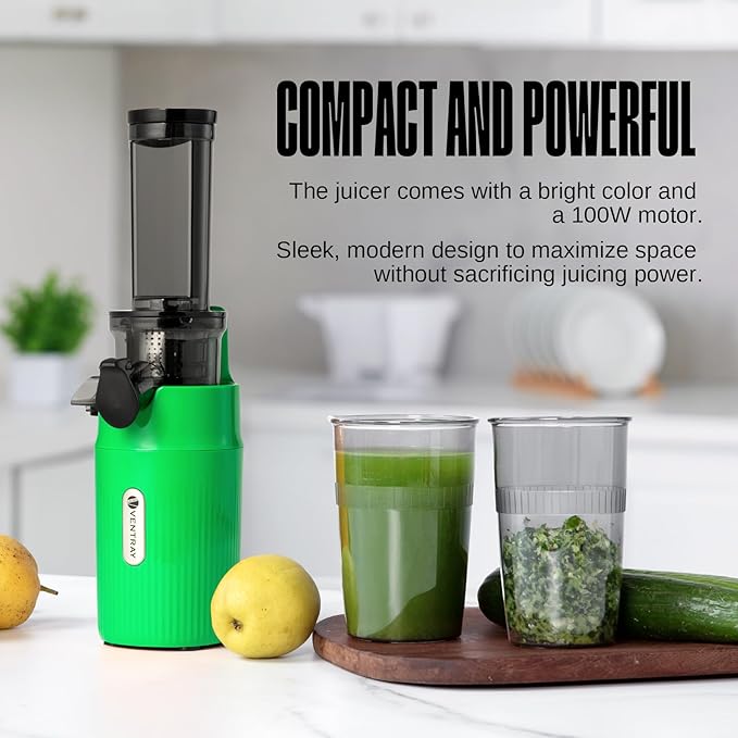 Ventray Ginnie Mini Cold Press Juicer, Small Slow Masticating Juicer for Vegetables Fruits, High Juice Yield, Easy to Clean, Space-Saving, Fit for Personal/Travel/Picnic/Office - Green