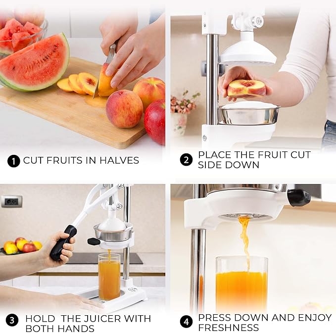 Zulay Kitchen Pulperizer 9 in 1 Cast Iron Juicer - Easy-to-Clean Heavy-Duty Manual Juicer with Presser Attachment to Juice All Types of Fruits! Extra Tall with Stainless Steel Bowl - White