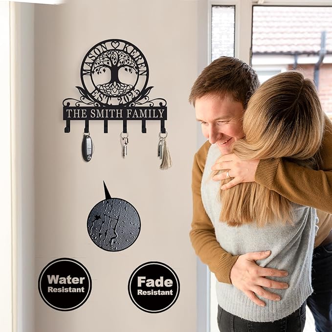 Personalized Tree of Life Key Holder for Wall Custom Key Rack with Hooks Key Hanger for Entryway Family Name Wall Decor Gift for Home