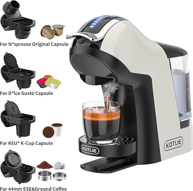 KOTLIE Single Cup Coffee Maker, Multi Capsule Machine Compatible With Various Capsule Types, 4 Temperature Settings, 7 Water Volume Levels,19 Bar(Glossy White)