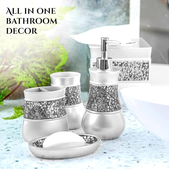 Creative Scents Crackled Glass Silver Bathroom Accessory Set – 4-Piece Vanity Set Includes: Lotion Soap Dispenser, Toothbrush Holder, Tumbler, and Soap Dish