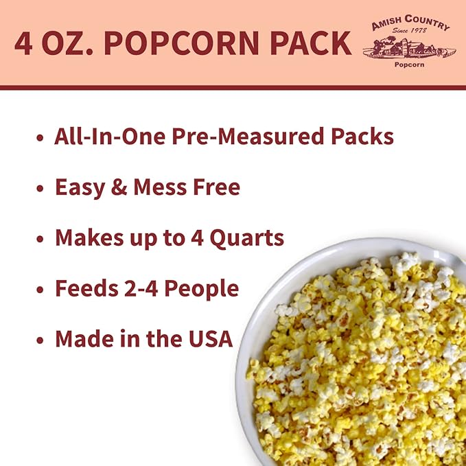Amish Country Popcorn | All-In-One Medium Yellow Kernel Popcorn Packs | Pre-Measured for Popcorn Machines and Includes Hulless Popcorn, Oil & Salt (5.5 ounce, Pack of 24)