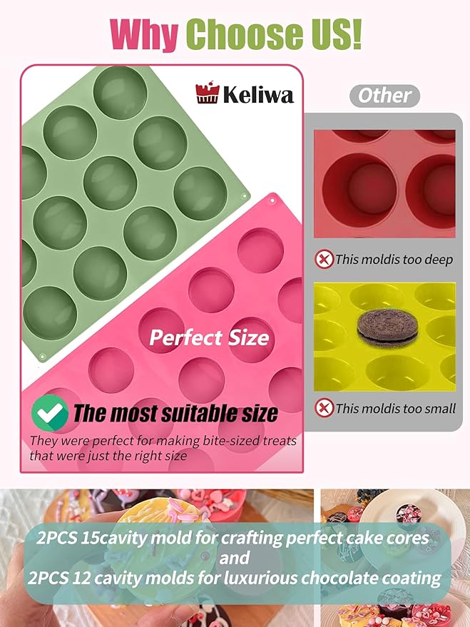 4 PCS Cake Puck Mold Set, 2 Different Sizes Chocolate Covered Cake Silicone Molds, 15 Cavity&12 Cavity Round Cake Pop Molds with 2 Spatulas for DIY Cake Cores, Cakepucks, Chocolate Desserts