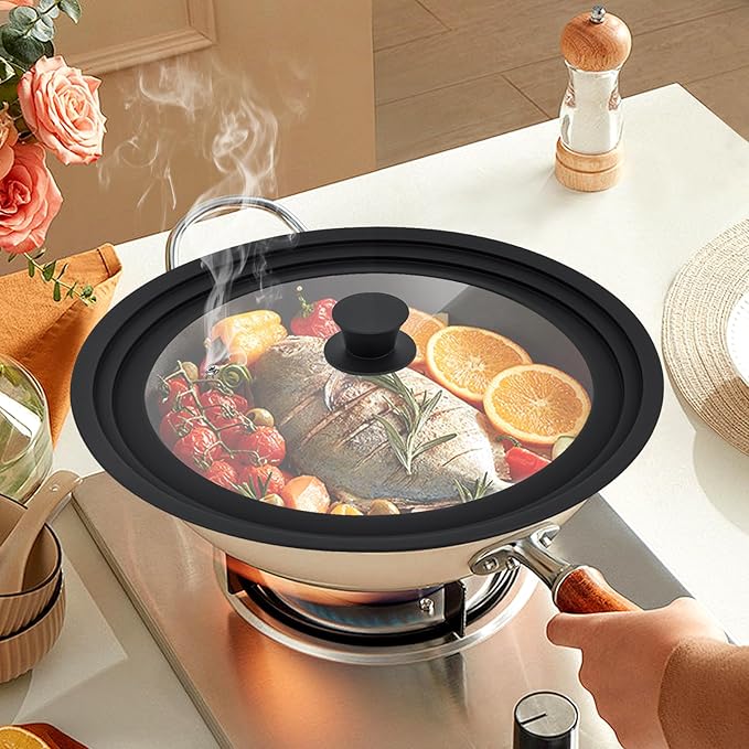 Extra Large Universal Lid Fits 13", 14", 15" Cookware - Silicone Replacement Pan Lid for Pots, Pans, and Skillets - Tempered Glass Pot Lid Cover for Frying Pans, Cast Iron, CrockPot