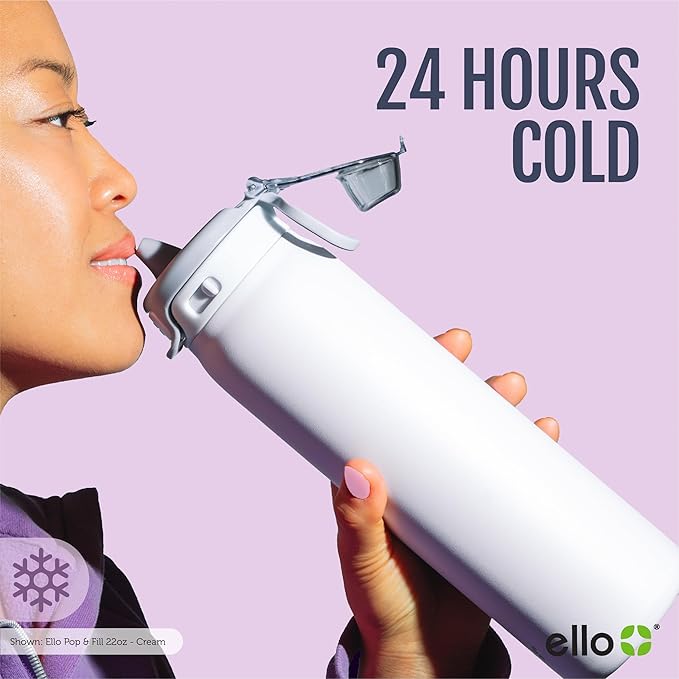 Ello Pop & Fill 22oz Stainless Steel Water Bottle with QuickFill Technology, Double Walled and Vacuum Insulated Metal, Leak Proof Locking Lid, Straw and Chug, Reusable, BPA Free, Porcelain Rose