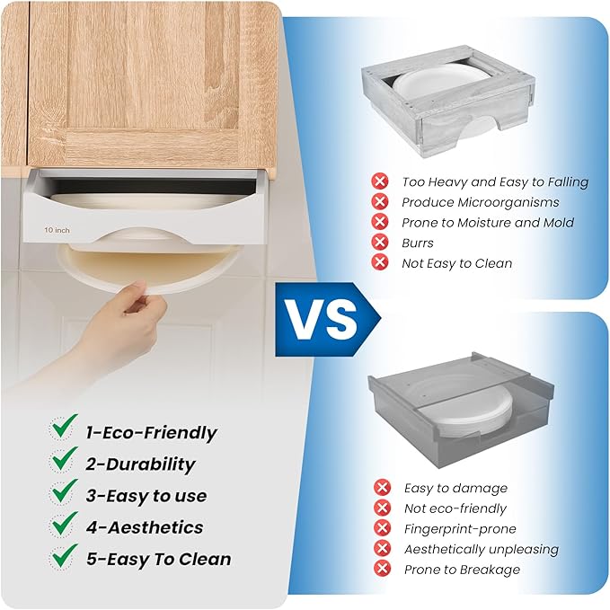 10-inch Paper Plate Dispenser Under Cabinet, Bamboo Paper Plate Holders, Kitchen Counter Vertical Plate Dispensers Holders Countertop Caddy (For 10-inch Plates, White)