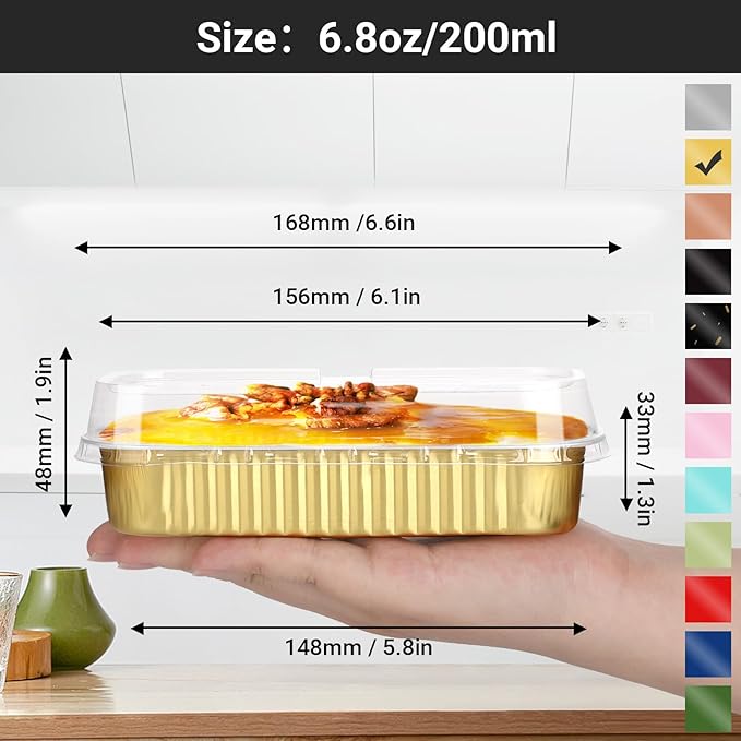 EUSOAR Baking Cups with Lids, 100pcs 6.8oz 6.5"x2.5"x1.2" Gold Aluminum Foil Ramekins Baking Cups Mini Loaf Pans with Lids Disposable，Cupcake Containers Cheesecake Creme Brulee Ramekins Pan